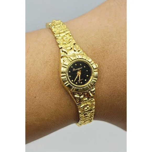 Hampden Women Quartz Goldtone Nugget Bracelet Watch Japan Movt New Battery Black